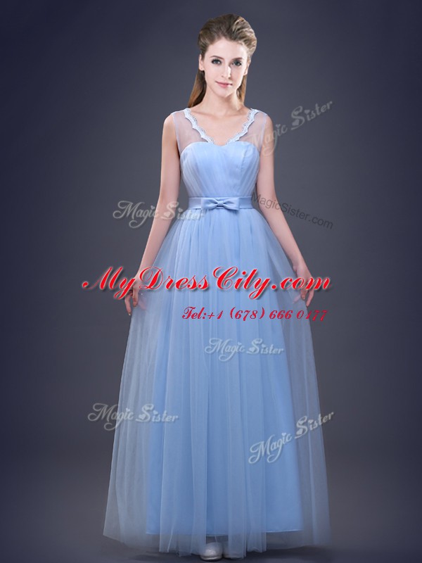 Light Blue Tulle Lace Up V-neck Sleeveless Floor Length Dama Dress for Quinceanera Appliques and Ruching and Bowknot