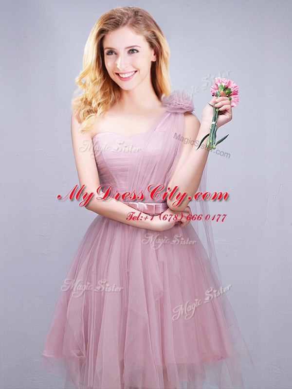 Modern One Shoulder Ruching and Bowknot and Hand Made Flower Dama Dress for Quinceanera Pink Lace Up Sleeveless Mini Length