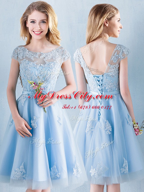 Gorgeous Scoop Short Sleeves Lace Up Quinceanera Court Dresses Light Blue Tulle