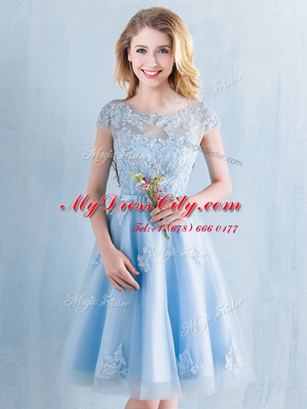 Gorgeous Scoop Short Sleeves Lace Up Quinceanera Court Dresses Light Blue Tulle