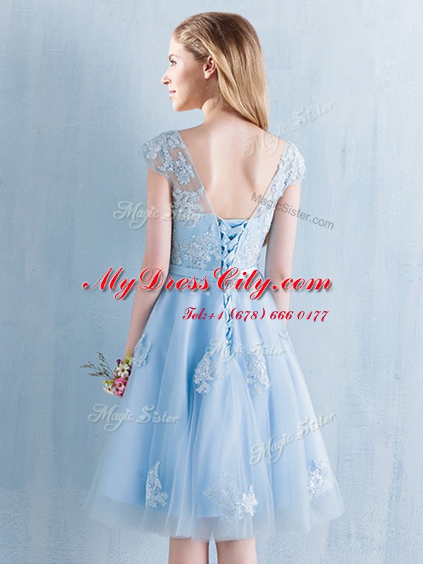 Gorgeous Scoop Short Sleeves Lace Up Quinceanera Court Dresses Light Blue Tulle