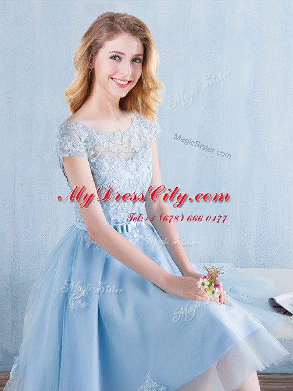 Gorgeous Scoop Short Sleeves Lace Up Quinceanera Court Dresses Light Blue Tulle