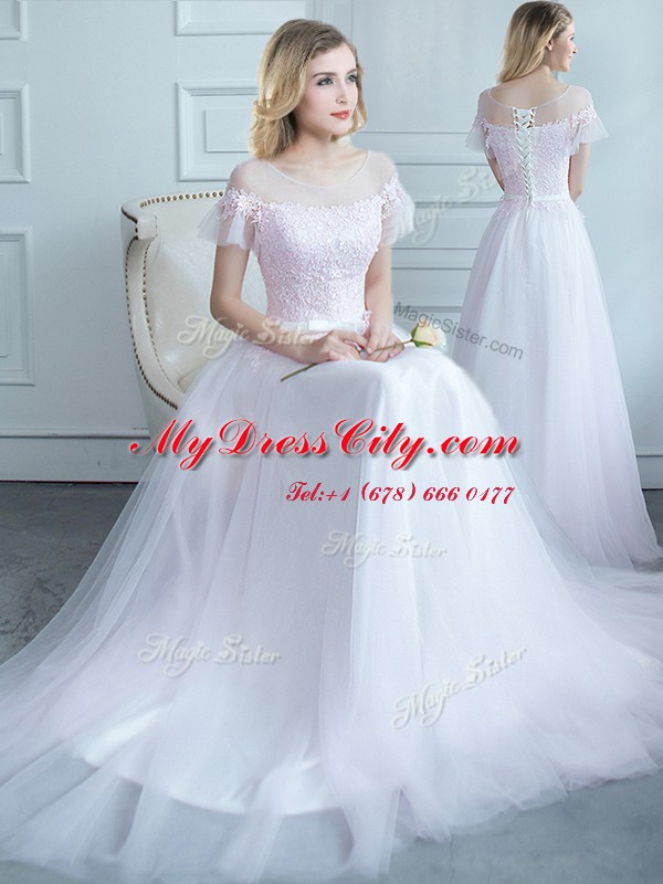 Glamorous Scoop White Quinceanera Court of Honor Dress Tulle Sweep Train Short Sleeves Lace and Belt