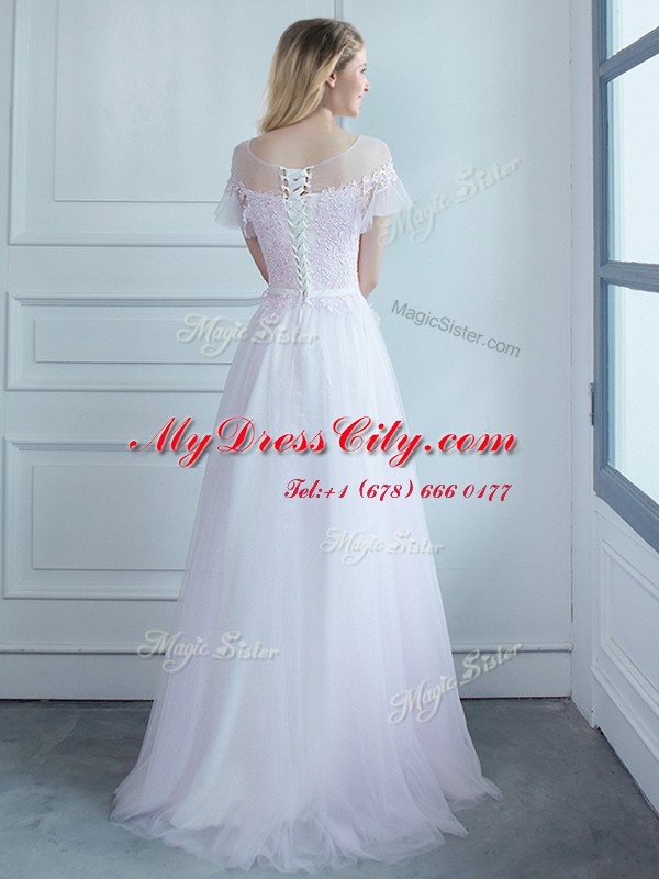 Glamorous Scoop White Quinceanera Court of Honor Dress Tulle Sweep Train Short Sleeves Lace and Belt