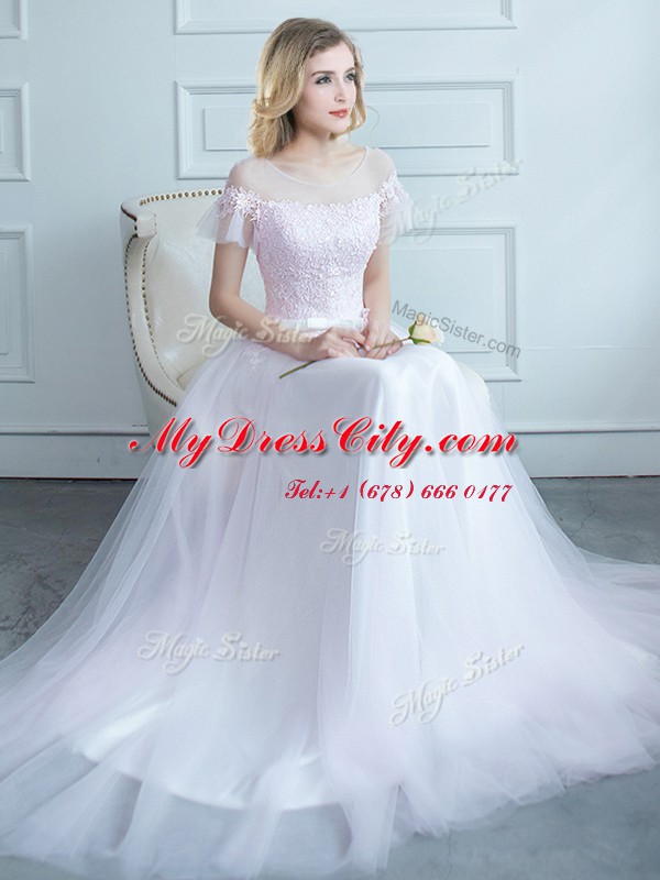 Glamorous Scoop White Quinceanera Court of Honor Dress Tulle Sweep Train Short Sleeves Lace and Belt