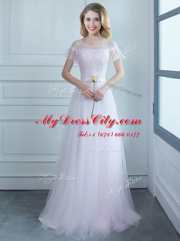 Glamorous Scoop White Quinceanera Court of Honor Dress Tulle Sweep Train Short Sleeves Lace and Belt