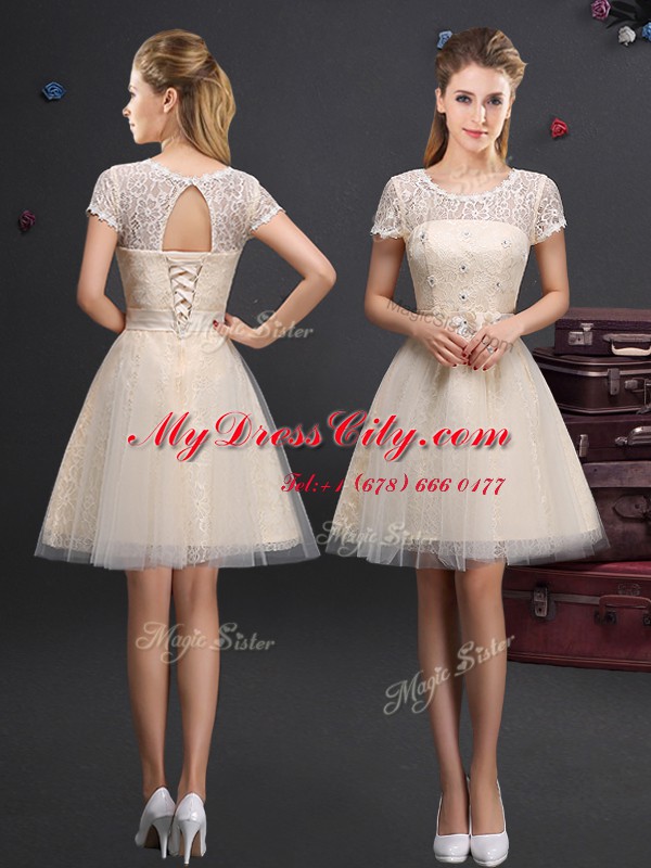 New Arrival Scoop Short Sleeves Mini Length Lace and Appliques and Belt Lace Up Bridesmaids Dress with Champagne