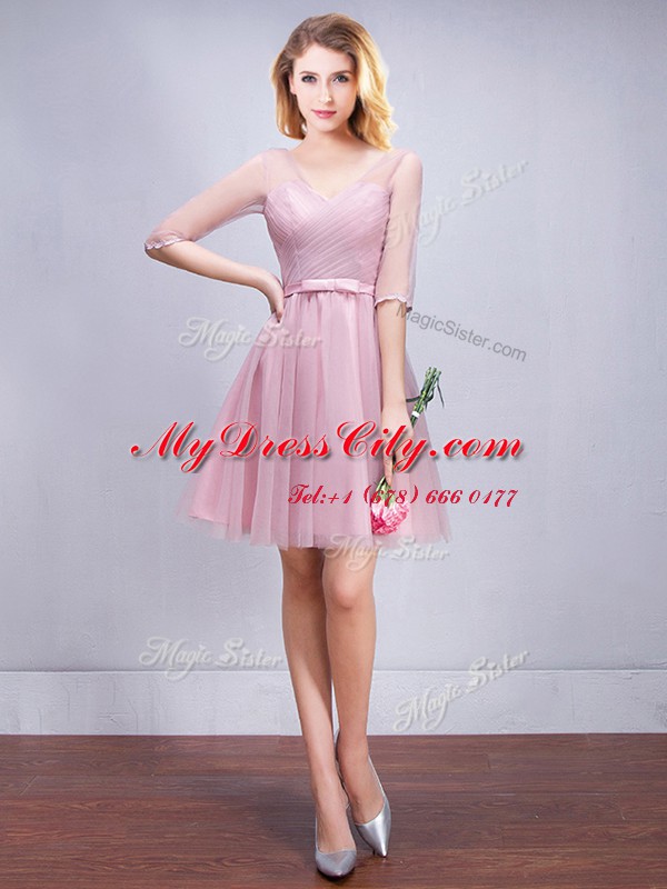 Gorgeous Pink A-line Tulle V-neck Half Sleeves Ruching and Bowknot Mini Length Lace Up Damas Dress