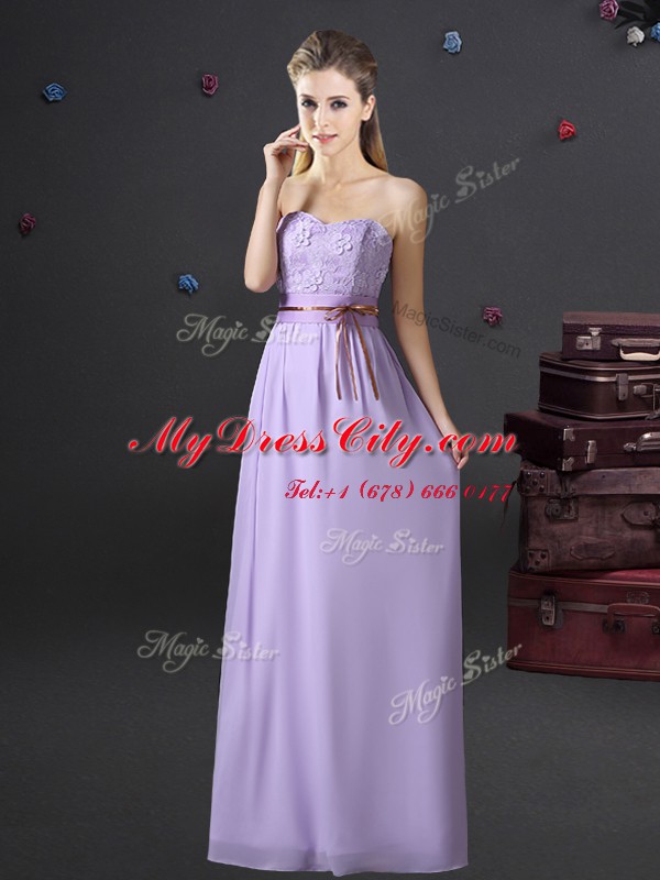 Suitable Lavender Sleeveless Lace and Appliques and Belt Floor Length Damas Dress