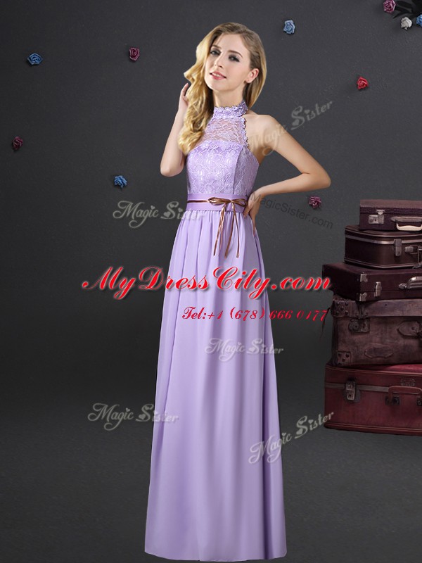 Suitable Lavender Sleeveless Lace and Appliques and Belt Floor Length Damas Dress