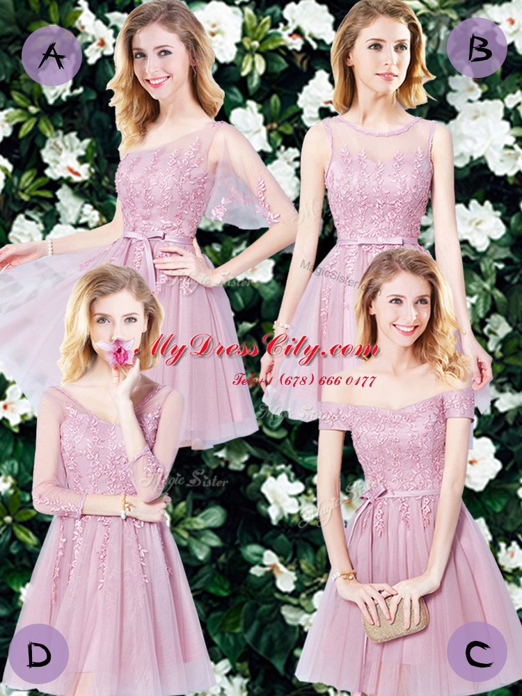 Glorious Mini Length Pink Quinceanera Court of Honor Dress V-neck Sleeveless Lace Up