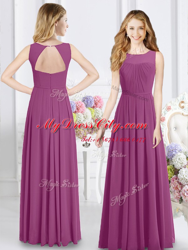 Best Fuchsia Chiffon Zipper Vestidos de Damas Sleeveless Floor Length Ruching