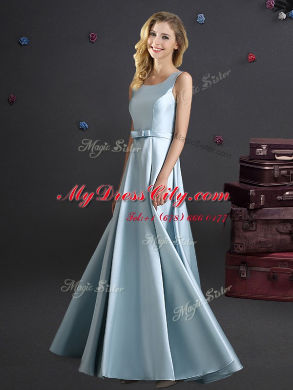 Flirting Floor Length Light Blue Quinceanera Court Dresses Square Sleeveless Zipper