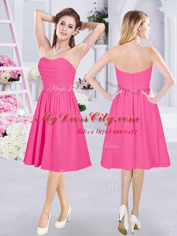 Stylish Sleeveless Knee Length Ruching Zipper Bridesmaids Dress with Hot Pink