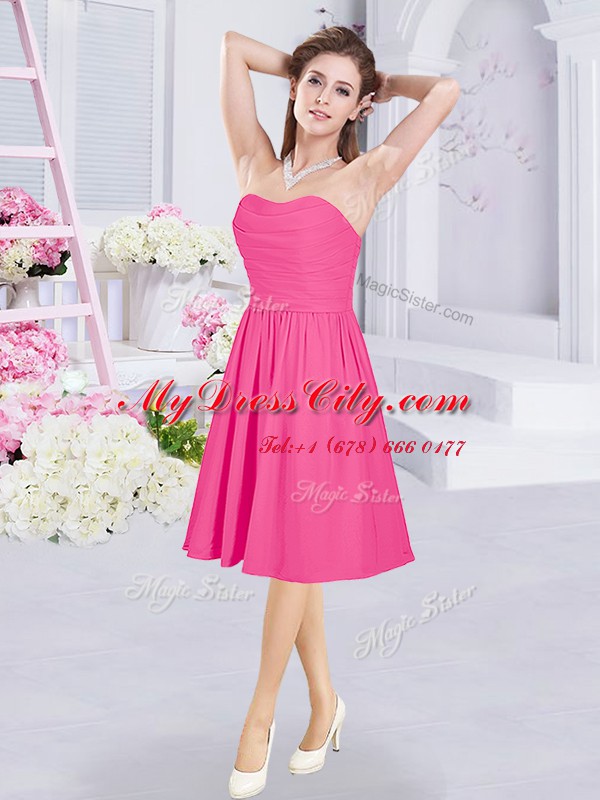 Stylish Sleeveless Knee Length Ruching Zipper Bridesmaids Dress with Hot Pink