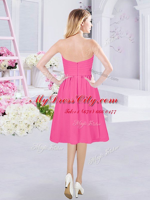 Stylish Sleeveless Knee Length Ruching Zipper Bridesmaids Dress with Hot Pink