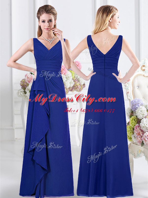 Classical Floor Length Royal Blue Bridesmaids Dress Chiffon Sleeveless Ruffles and Ruching