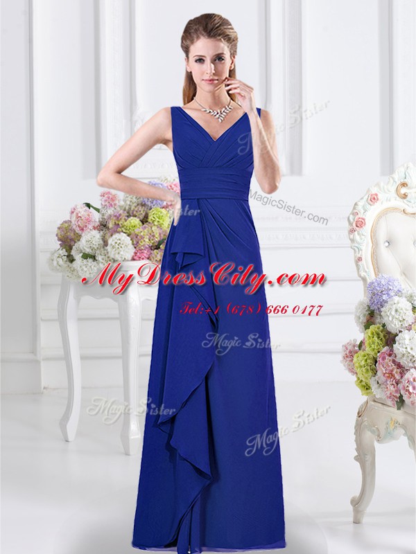 Classical Floor Length Royal Blue Bridesmaids Dress Chiffon Sleeveless Ruffles and Ruching