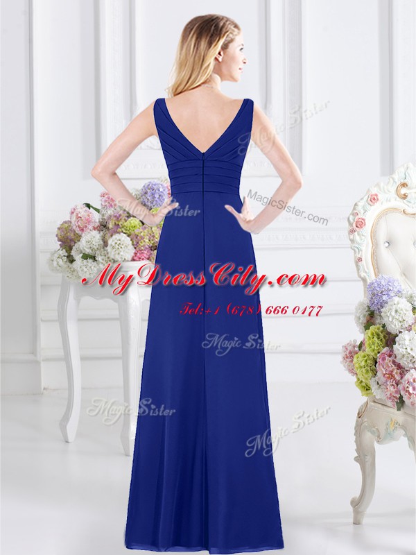 Classical Floor Length Royal Blue Bridesmaids Dress Chiffon Sleeveless Ruffles and Ruching