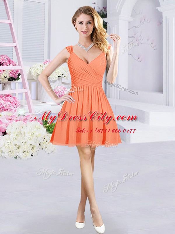 Excellent Orange Chiffon Zipper Straps Sleeveless Mini Length Damas Dress Ruching and Belt