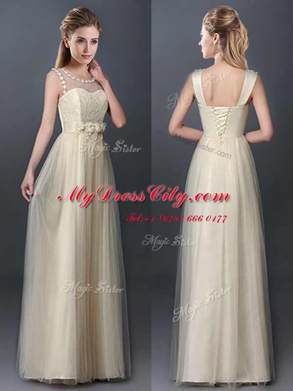 Hot Selling Scoop Floor Length Champagne Damas Dress Tulle Sleeveless Lace and Hand Made Flower