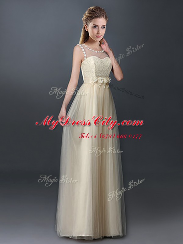 Hot Selling Scoop Floor Length Champagne Damas Dress Tulle Sleeveless Lace and Hand Made Flower