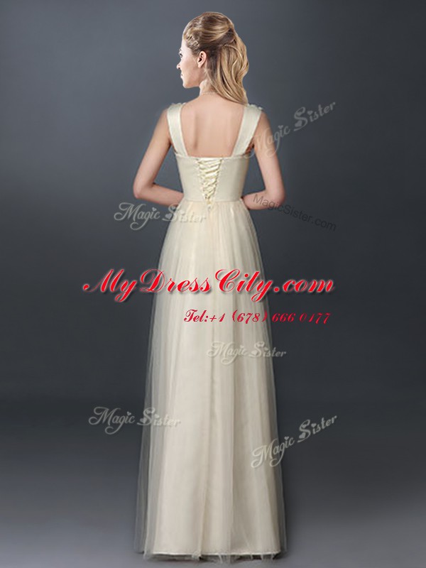 Hot Selling Scoop Floor Length Champagne Damas Dress Tulle Sleeveless Lace and Hand Made Flower