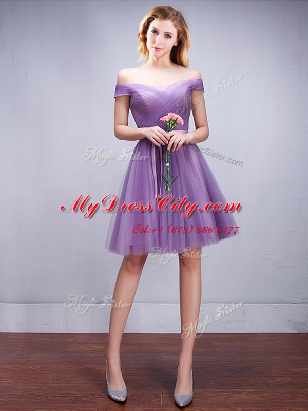 Deluxe Off the Shoulder Ruching and Belt Quinceanera Court of Honor Dress Lavender Lace Up Sleeveless Knee Length