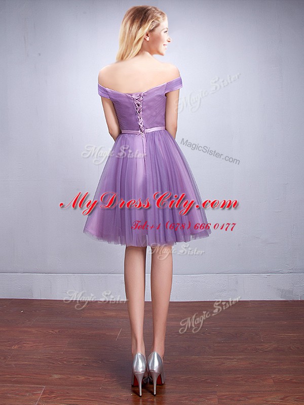 Deluxe Off the Shoulder Ruching and Belt Quinceanera Court of Honor Dress Lavender Lace Up Sleeveless Knee Length