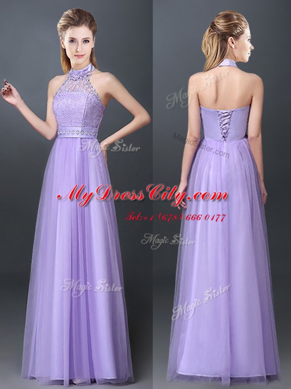 Halter Top Floor Length Empire Sleeveless Lavender Dama Dress for Quinceanera Lace Up