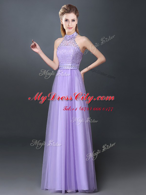 Halter Top Floor Length Empire Sleeveless Lavender Dama Dress for Quinceanera Lace Up