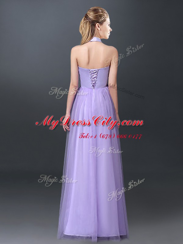 Halter Top Floor Length Empire Sleeveless Lavender Dama Dress for Quinceanera Lace Up