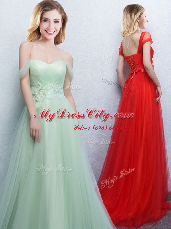 Off the Shoulder Apple Green Sleeveless With Train Appliques and Ruching Lace Up Dama Dress