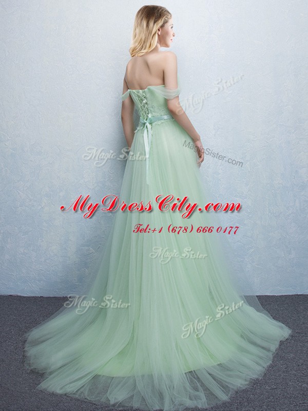 Off the Shoulder Apple Green Sleeveless With Train Appliques and Ruching Lace Up Dama Dress