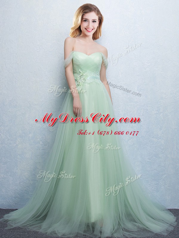 Off the Shoulder Apple Green Sleeveless With Train Appliques and Ruching Lace Up Dama Dress