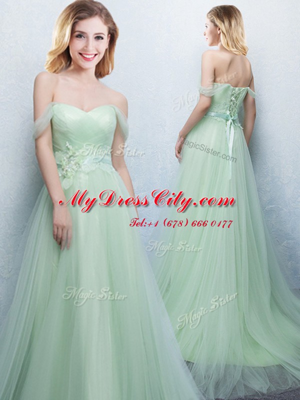 Off the Shoulder Apple Green Sleeveless With Train Appliques and Ruching Lace Up Dama Dress