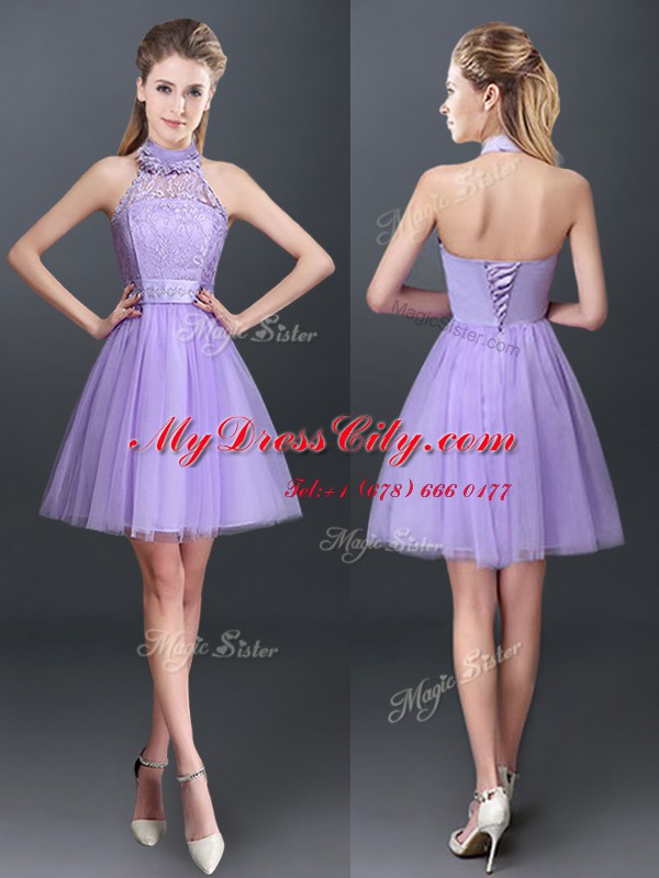 Halter Top Lace and Appliques Bridesmaid Gown Lavender Lace Up Sleeveless Mini Length