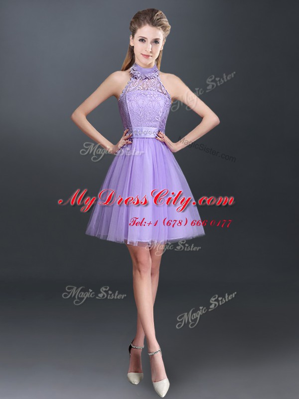 Halter Top Lace and Appliques Bridesmaid Gown Lavender Lace Up Sleeveless Mini Length