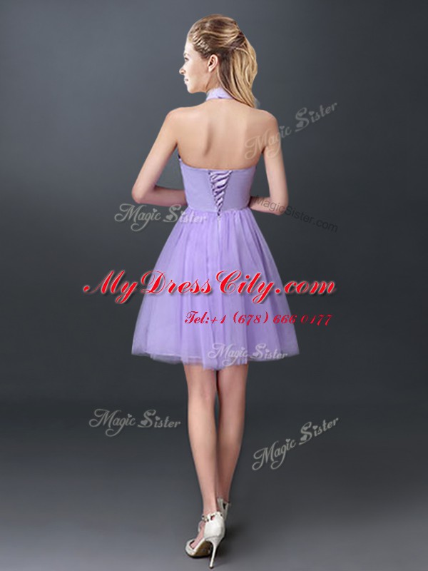 Halter Top Lace and Appliques Bridesmaid Gown Lavender Lace Up Sleeveless Mini Length