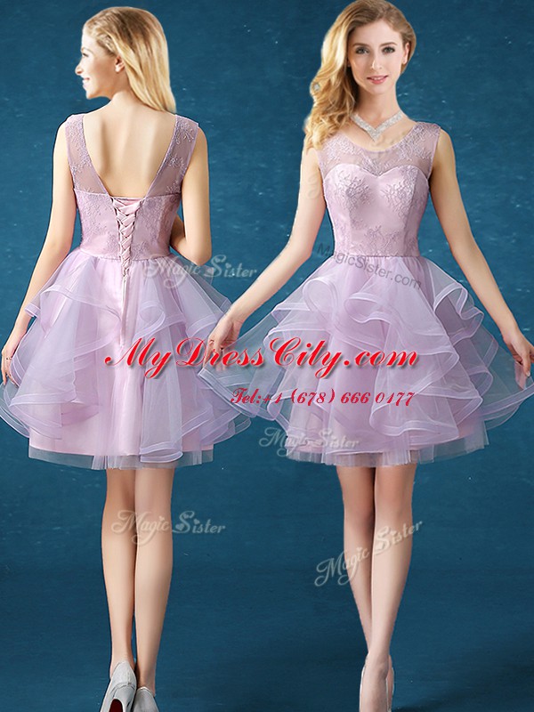 Lavender Lace Up Scoop Lace Dama Dress for Quinceanera Organza and Tulle Sleeveless