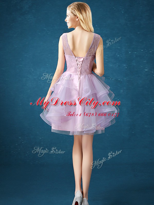 Lavender Lace Up Scoop Lace Dama Dress for Quinceanera Organza and Tulle Sleeveless