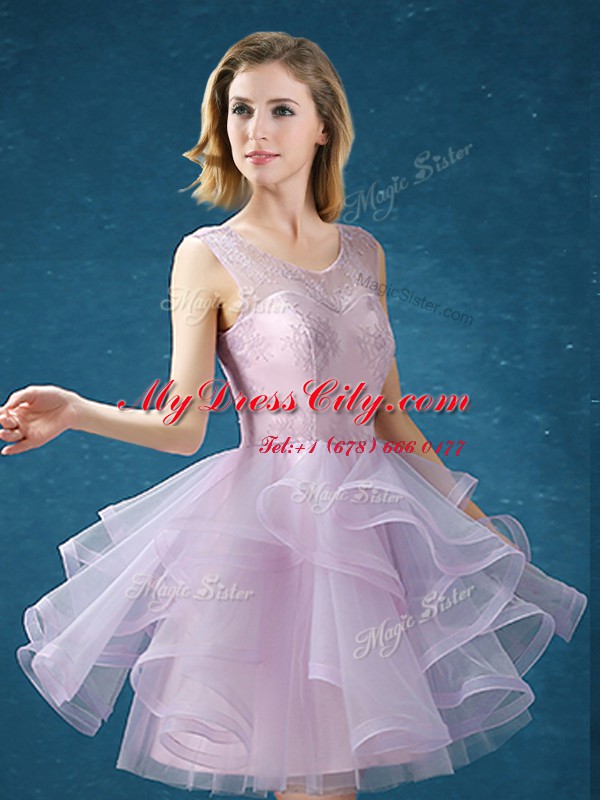 Lavender Lace Up Scoop Lace Dama Dress for Quinceanera Organza and Tulle Sleeveless