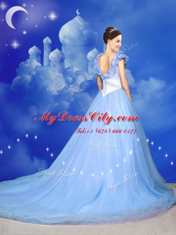 Off the Shoulder Light Blue Sleeveless Tulle Court Train Zipper Quinceanera Gown for Sweet 16 and Quinceanera