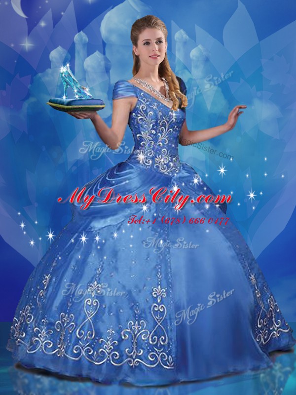 Exceptional Cinderella Embroidery Floor Length Blue 15 Quinceanera Dress Off The Shoulder Cap Sleeves Lace Up