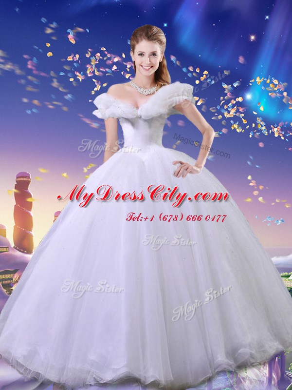 Cinderella Off the Shoulder White Lace Up Quinceanera Gown Beading and Bowknot Sleeveless Floor Length