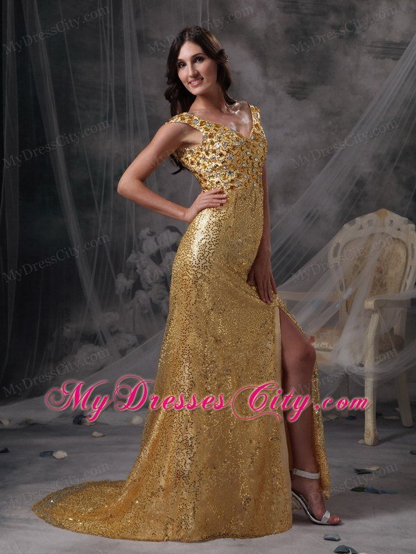 Discount V-neck Gold Celebrity Dress with Sequin Beading and Ruche