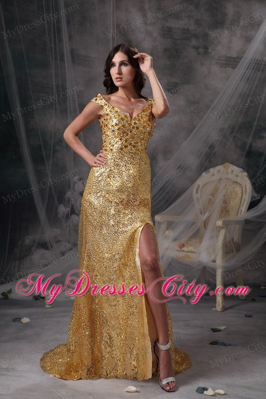 Discount V-neck Gold Celebrity Dress with Sequin Beading and Ruche