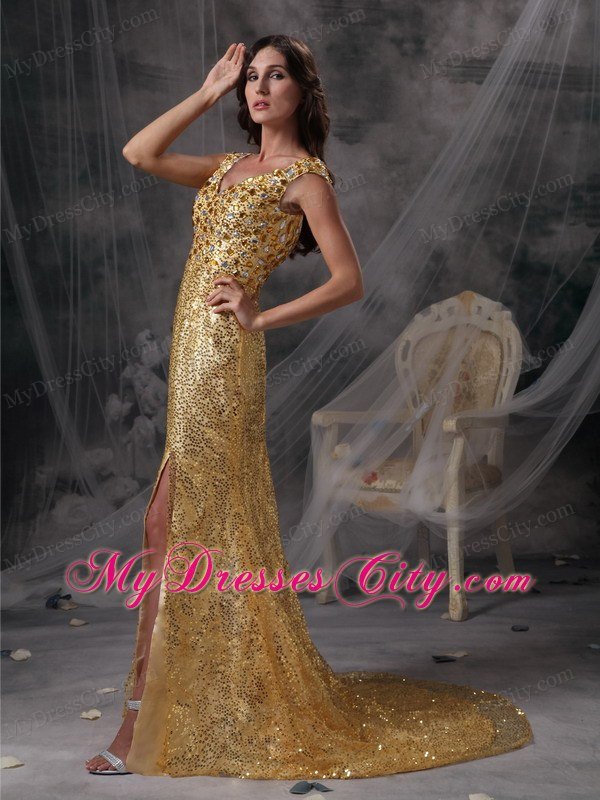 Discount V-neck Gold Celebrity Dress with Sequin Beading and Ruche