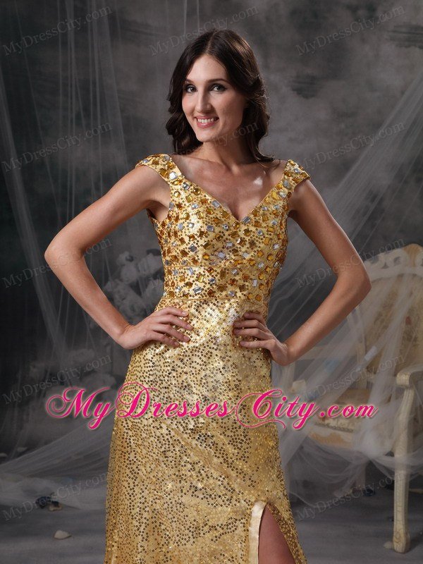 Discount V-neck Gold Celebrity Dress with Sequin Beading and Ruche