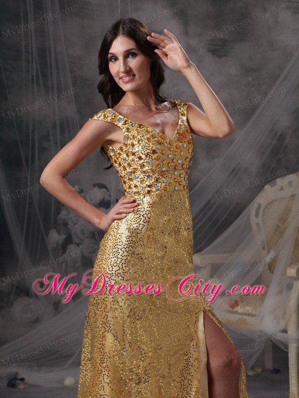 Discount V-neck Gold Celebrity Dress with Sequin Beading and Ruche